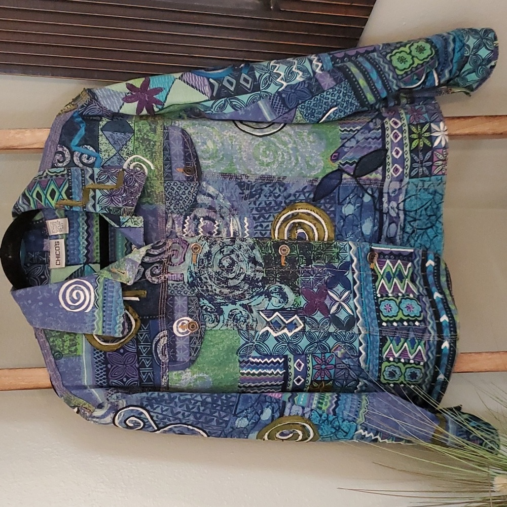 Chico's Blue Green Patchwork Print Jacket